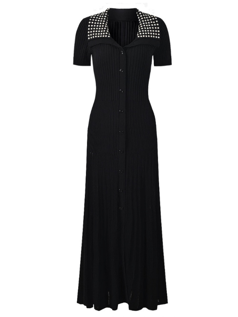 LA DIOSA Black Pearl Studded Sailor Collar Ribbed Knit Maxi Dress M